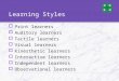 Learning Styles  Print learners  Auditory learners  Tactile learners  Visual learners  Kinesthetic learners  Interactive learners  Independent learners