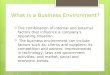 What is a Business Environment?  The combination of internal and external factors that influence a company's operating situation.  The business environment