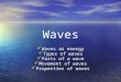 Waves Waves as energy Waves as energy Types of waves Types of waves Parts of a wave Parts of a wave Movement of waves Movement of waves Properties of