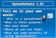 Spreadsheets 1.01  Tell me in your own words: What is a spreadsheet? What is a spreadsheet? What is their purpose? What is their purpose? Who uses them?