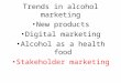 Trends in alcohol marketing New products Digital marketing Alcohol as a health food Stakeholder marketing