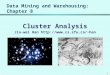 1 Data Mining and Warehousing: Chapter 8 Cluster Analysis Jia-wei Han han