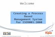 15.10.2003 Version 10.0  The High Performance Organisation Ltd Creating A Process Based Management System 1 Welcome Creating a Process Based Management