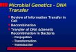 Microbial Genetics - DNA Transfer l Review of Information Transfer in Cell l Recombination l Transfer of DNA &Genetic Recombination in Bacteria –Conjugation
