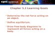 Chapter 5.3 Learning Goals  Determine the net force acting on an object.  Define equilibrium.  Draw free-body diagrams to represent all forces acting