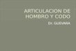 Dr. GUEVARA. 1. Art. Acromioclavicular 2. Art. Carpometacarpiana 3. Art. Del codo. 4. Art. Humeral (del hombro) 5. Art. Humerocubital 6. Art. Humerorradial