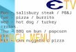 Mon – salisbury steak / PB&J Tue – pizza / burrito Wed – hot dog / turkey croiss