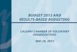 Budget 2013 and Results-Based Budgeting Calgary Chamber of Voluntary Organizations May 28, 2013