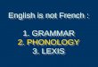 English is not French : 1. GRAMMAR 2. PHONOLOGY 3. LEXIS