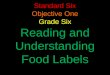 Standard Six Objective One Grade Six Reading  and Understanding Food Labels