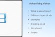 What is advertising ? Different  types of  ads Examples Creating  an ad Storyboard Scripts