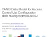 YANG Data Model for Access Control List Configuration draft-huang-netmod-acl-02 Lisa Huang, yihuan@cisco.comyihuan@cisco.com Alexander Clemm, alex@cisco.comalex@cisco.com