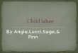 By Angie,Lucci,Sage,& Finn Child labor is where kids are forced to work. Child labor is also where they have unpaid work