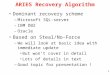 11 ARIES Recovery Algorithm Dominant recovery scheme –Microsoft SQL-server –IBM DB2 –Oracle Based on Steal/No-Force –We will look at basic idea with immediate