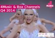4Music & Box Channels Q4 2014. Q4 highlights 4Music & the Box channels reached +8% more 16-24s in Q4 vs. Q3 1D’s new video achieved an average audience