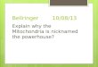 Bellringer 10/08/13 Explain why the Mitochondria is nicknamed the powerhouse?