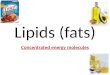 Lipids (fats) Concentrated energy molecules. I. LIPIDS: §Foods: butter, oil, Crisco, lard Commonly called fats & oils Contain more C-H bonds and less