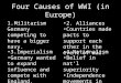 Four Causes of WWI (in Europe) 1.Militarism Germany competing to have a bigger navy. 2. Alliances Countries made pacts to support each other in the event