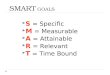 SMART GOALS  S = Specific  M = Measurable  A = Attainable  R = Relevant  T = Time Bound