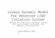 Linear Dynamic Model for Advanced LIGO Isolation System Wensheng Hua, Brain Lantz, Dan Debra, Jonathan How, Corwin Hardham, Sam Richman, Rana Adhikari,