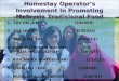 Homestay Homestay Operator’s Involvement In Promoting Malaysia Tradisional Food 1. TAY PEI JUN (240488) 2. YUE QIUXIA (236555) 3. YEE SHEE YIN (240013)