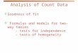 Analysis of Count Data  Goodness of fit  Formulas and models for two-way tables - tests for independence - tests of homogeneity
