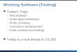 1 Working Software (Testing) Today’s Topic Why testing? Some basic definitions Kinds of testing Test-driven development Code reviews (not testing) Today