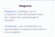 Diagnosis Diagnosis: Labeling a set of symptoms. Does the problem meet the criteria for a psychological disorder? Syndrome: a set of behavioral or psychological