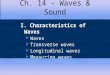 Ch. 14 - Waves & Sound I. Characteristics of Waves  Waves  Transverse waves  Longitudinal waves  Measuring waves