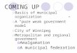 COMING UP oBasics of municipal organization oA “pure weak government” model oCity of Winnipeg oMetropolitan and regional government oAmalgamation oA municipal