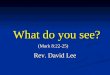 What do you see? (Mark 8:22-25) Rev. David Lee. They came to Bethsaida, u and some people brought a blind man and begged Jesus to touch him. He took the