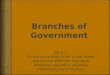 Review  Branches of Branches of Government Review Questions 1.Who is in charge of the Executive Branch? 2.Who is in charge of the Judicial Branch? 3.Who