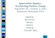1 Appreciative Inquiry: Accelerating Positive Change September 30 – October 3, 2001 Baltimore, Maryland, USA -opening -discovery -dreams -destiny -closing