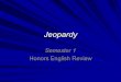 Jeopardy Semester 1 Honors English Review. Semester 1 Review Semester 1 Review Themes Research Terms Literary Terms NovelsShortStories Grab Bag 100 200