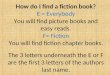 How do I find a fiction book? E = Everybody You will find picture books and easy reads. F= Fiction You will find fiction chapter books. The 3 letters underneath