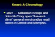 Kmart: A Chronology 1897  Sebastian Kresge and John McCrory open five-and- dime general merchandise retail stores in Detroit and Memphis
