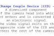 Charge Couple Device (CCD)  A dimesized component of the camera head into which light enters and is converted into an electronic signal. The video signal