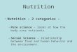 Nutrition Nutrition – 2 categories – –Pure science – looks at how the body uses nutrients –Social…