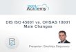 DIS ISO 45001 vs. OHSAS 18001 Main Changes -   ISO 45001 vs. OHSAS 18001 Main Changes 2018 18001Academy   GoToWebinar ... ISO 45001 4 Context of the organization 5 Leadership