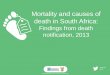 COD 2013 Mortality and causes of death in South Africa 2013 The South Africa I know, the home I understand Ranking of top ten leading causes of death between 2012 and 2013 Tuberculosis