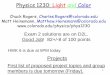 Physics 1230: Light and Color - University of Colorado … · 1.5 2 2.5 3 3.5 s Score Exam 2 Histogram Average: 82+/-8 of 100 points. 3 Physics 1230: Light and Color Chuck ... Refraction