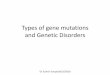 Types of gene mutations and Genetic Disorders · Gene mutations are classified in various ways • Single bp substitution, deletion and insertion. • Changes in the number of copies
