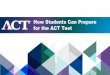 How Students Can Prepare for the ACT TestACT Academy ACT Online Prep ACT Rapid Review ACT Official Guide ACT Prep Pack • Online learning platform • Allows students to improve core