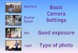 Shutter Settings Speed - · PDF file Settings Good exposure Type of photo Aperture ISO Light Shutter Speed . Set camera to Aperture priority A Adjust aperture Small number = more light