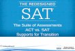 The Suite of Assessments ACT vs. SAT Supports for Transition · Assessment System, Suite of Assessments build and connect. Develop initial understanding of how the redesigned SAT