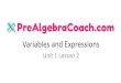 Variables and Expressions - PreAlgebraCoach.com€¦ · Variables and Expressions Students will be able to: Write expressions that record operations with numbers and with letters