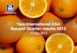 Yara International ASA Second Quarter results 2013Yara International ASA Second Quarter results 2013 IR-Date: 2013-07-19 1 Strong results Record deliveries and low ending stocks Lower