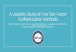 A Usability Study of Five Two-Factor Authentication Methods...jonathan@isrl.byu.edu. Title: A Usability Study of Five Two-Factor Authentication Methods Author: Jonathan Dutson Created