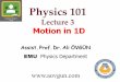 Physics 101 - UNIVERSE OF ALI OVGUNPhysics 101 Lecture 3 Motion in 1D Assist. Prof. Dr. Ali ÖVGÜN EMU Physics Department . Jan. 28-Feb. 1, 2013 Motion along a straight line qMotion