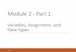 Module 2 -Part 1 - Kennesaw State University · 2019-01-23 · Module 2 -Part 1 Variables, Assignment, and Data Types 1/23/19 CSE 1321 MODULE 2 1. Motivation To learn the basic elements